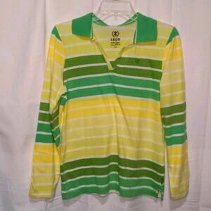 IZOD Kiwi Green Yellow Striped Long Sleeve Polo Collar Top Size Large